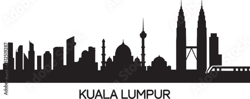Detailed Silhouette Illustration of Kuala Lumpur Malaysia Skyline on a Solid Black Background