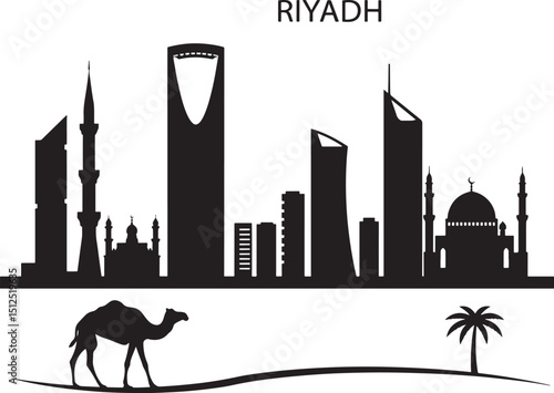 Detailed Silhouette Illustration of Riyadh Cityscape with Kingdom Centre Tower and Camel at Sunset