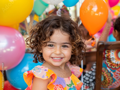 A little girl smiling at her birthday party, surrounded by colorful balloons and a festive atmosphere.