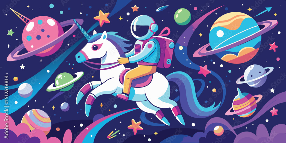 Fototapeta premium Astronaut riding a unicorn through space