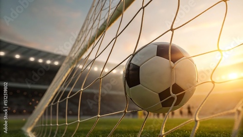Soccer ball in the net during a beautiful sunset with a stadium in background