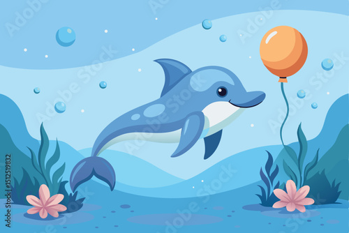 Cute cartoon dolphin with balloon underwater scene