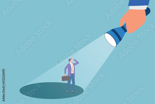 Vector illustration of a businessman being searched or evaluated under the spotlight, representing the concept of job recruitment, talent search, or corporate evaluation

