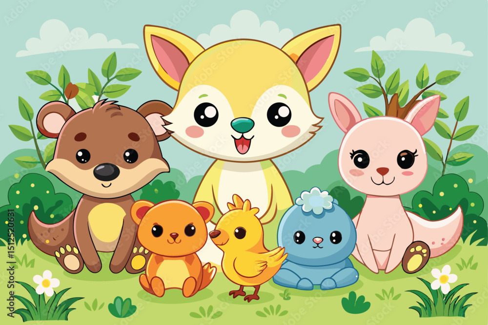 Naklejka premium Adorable cartoon animals in a spring meadow