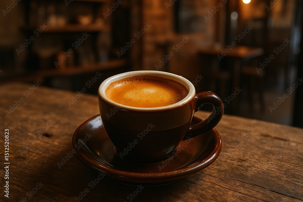 Obraz premium Double Espresso with Crema in White Demitasse Cup on Rustic Café Table