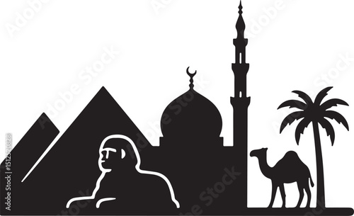 Egypt Skyline Silhouette with Pyramids, Sphinx, Mosque, Palm Tree, and Camel for Travel Designs