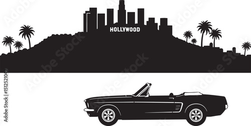 Hollywood Los Angeles Cityscape Silhouette Illustration of California Urban Skyline with Landmarks and Buildings
