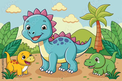 Cute cartoon dinosaurs in prehistoric landscape