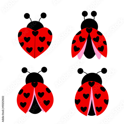colorful set of ladybugs with hearts, on a white background. hand drawn. vector