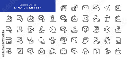 Mail, e-mail and postal letter line icon set. Mailing, post office, mailbox, postman, and more. Outline vector icon in linear style. Pictogram collection