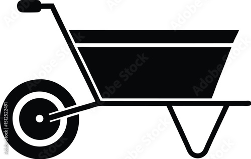 Wheelbarrow silhouette, garden tool vector, construction cart icon, minimal yard equipment