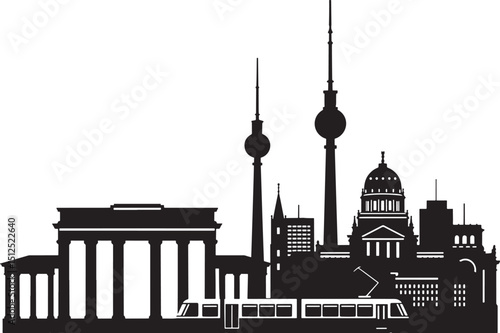Silhouette Illustration of Berlin Skyline with Brandenburg Gate and TV Tower, Germany, European City, Travel