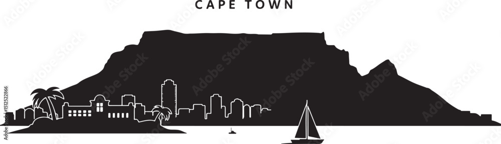 Fototapeta premium Silhouette Illustration of Cape Town Skyline with Table Mountain and Sailboat on the Ocean at Twilight