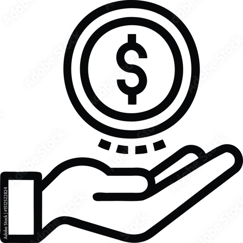 Bold Line Vector Icon of Hand Receiving Dollar Coin, Simple Minimal Style Illustration Representing Financial Support, Investment, Charity, Salary, or Business Payment Concept

