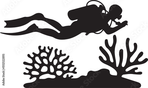Black Silhouette Scuba Diver with Coral Reef Stencil