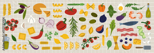 Big collection of hand drawn Mediterranean and Italian food. Big set of raw ingredients for cooking like pasta, vegetables, fruits, olive oil and condiments in cartoon style. Vector illustration