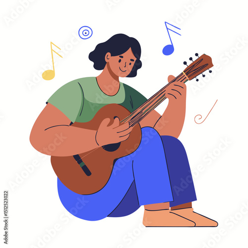 A person tuning a guitar image. Flat image isolated on white background. Vector illustration.