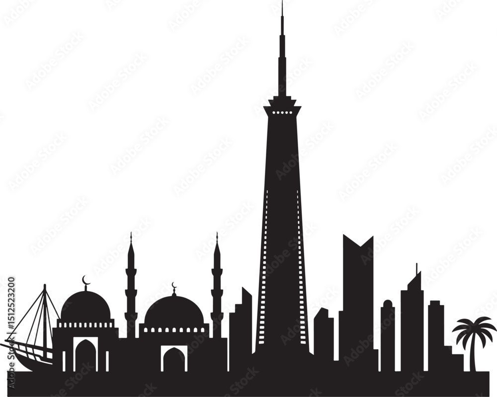 Fototapeta premium Silhouette Illustration of Doha Skyline with Tower, Mosque, and Palm Tree Against a Black Background