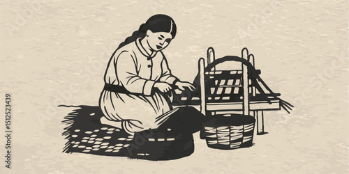 A person weaving a basket monochrome vintage image. Flat vector illustration.