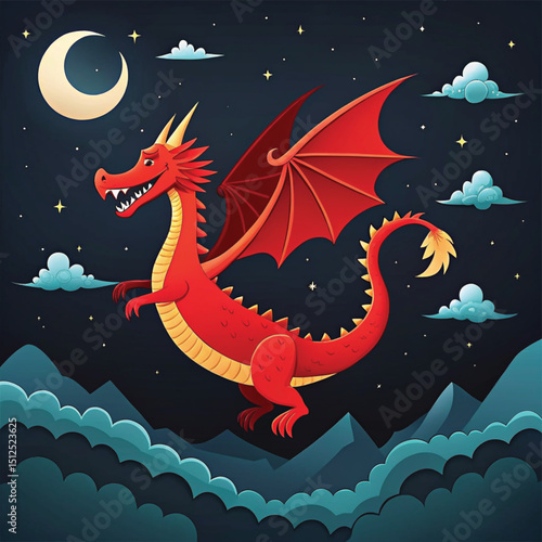 Red dragon flying over mountains under moonlit night sky  