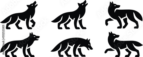 Six black wolf silhouette illustrations in various poses on a simple and minimalistic