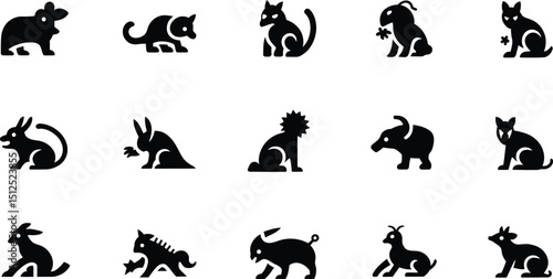 A collection of fifteen black silhouette animal icons arranged in three rows on a white background