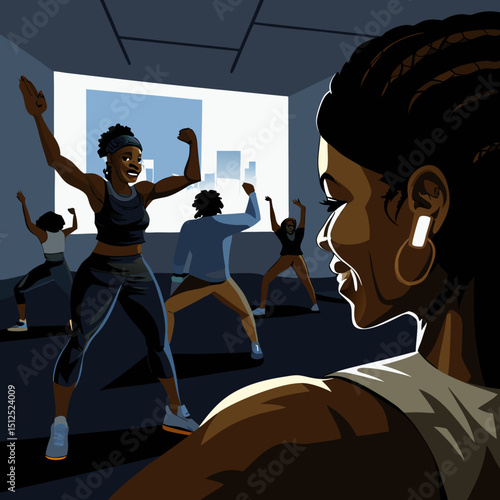 Group fitness class with instructor and participants dancing