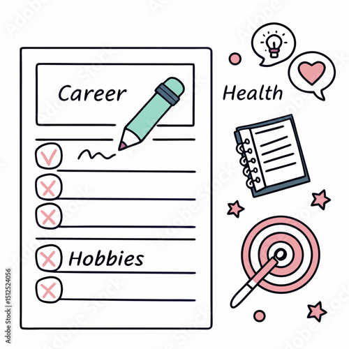 List with career hobbies and health goals with pen and target