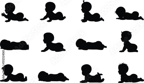 Silhouette illustration showing various stages of a baby crawling and lying down on a white background