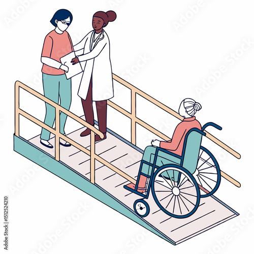 Doctor and nurse assisting patient in wheelchair on ramp