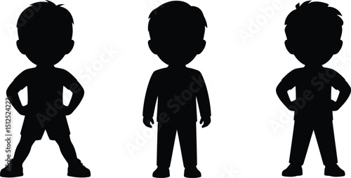 Three silhouettes of young boys in various poses against a light gray background illustration