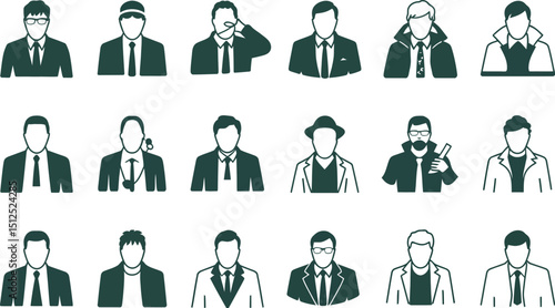 A collection of fifteen different black and white silhouette icons of men in various outfits and styles