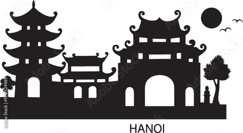 Silhouette of Hanoi Skyline at Night with Pagodas, Moon, and Birds Vector Illustration