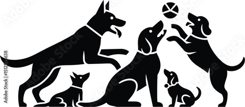 A playful gathering of dogs in silhouette, interacting with a ball on a light background design art