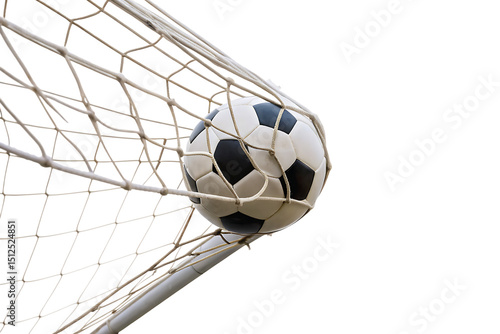 Soccer ball in net goal isolated on a white background png ai generated