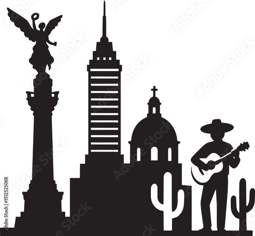 Silhouette of Mexico City Skyline with Angel of Independence and Mariachi Player on Black Background