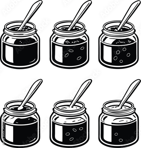 Silhouette Pack of Jam or Sauce Jars with Spoons Inside, Hand-Drawn Black Vector Illustration for Food Labels, Kitchen Decor, Canning Projects, or Culinary Concepts