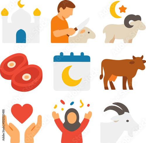 Eid al Adha icons  mosque, goat. Perfect for Eid celebrations and Islamicthemed designs, greeting cards, social media posts, and educational material.