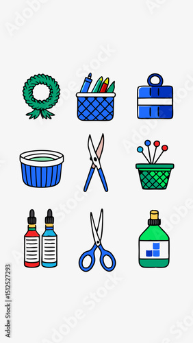 Basket weaving tools minimalistic images. Flat isolated icons. Vector illustration.