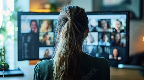 A woman participates in a virtual meeting through a computer screen.