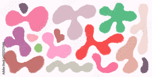 Liquid organic pastel pink color shapes, irregular forms set. Abstract uneven blots, organic amoeba blob shapes. Collection of vector psychedelic curvy forms, wavy figures. Design round blot elements.