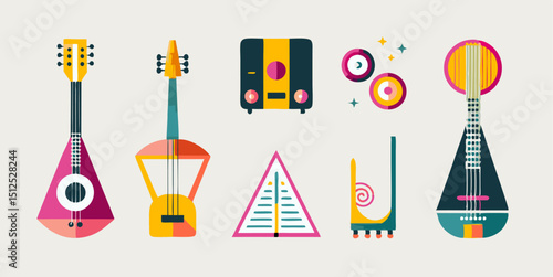 Set of different musical instruments colorful icons. Flat images isolated on white background. Vector illustration.