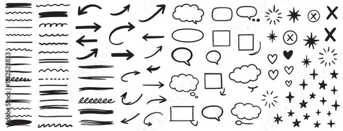 Arrow, heart brush element set. Hand-drawn sketch marker underline shape, arrow, heart scribble brush pen stroke element. Line shape marker underline, crown, love graphic icon. Vector illustration