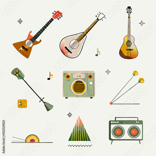 Set of different musical instruments watercolor icons. Flat images isolated on white background. Vector illustration.