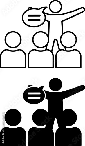 Persuasion Icons. Black and White Vector Illustration. Man Telling Viewers His Point of View. Attitudes and Views. Influencer Concept