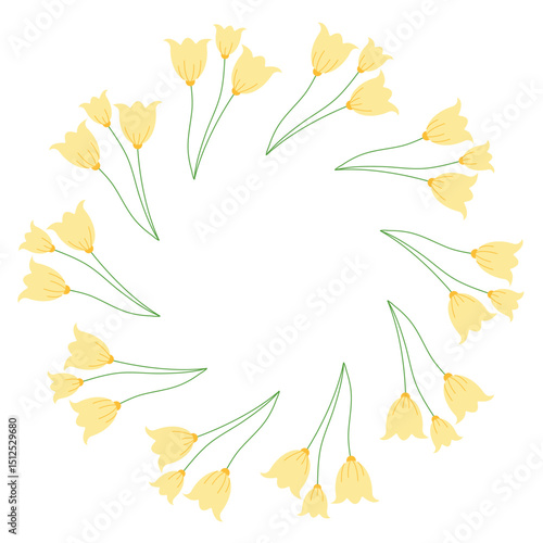 Yellow circular frame with ornamental tulips. Abstract botanical vector design suitable for greeting cards, banners, and invitations
