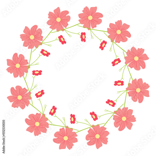 Red round frame featuring decorative flowers. Abstract botanical vector illustration ideal for greeting cards, banners, and invitations