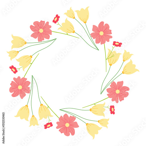 Yellow and red circular frame decorated with elegant tulips and other flowers. Abstract botanical vector artwork suitable for greeting cards, banners, and invitations