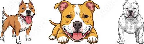 Vector illustrations of bulldogs clipart, cartoon funny dog pet face artwork and silhouette