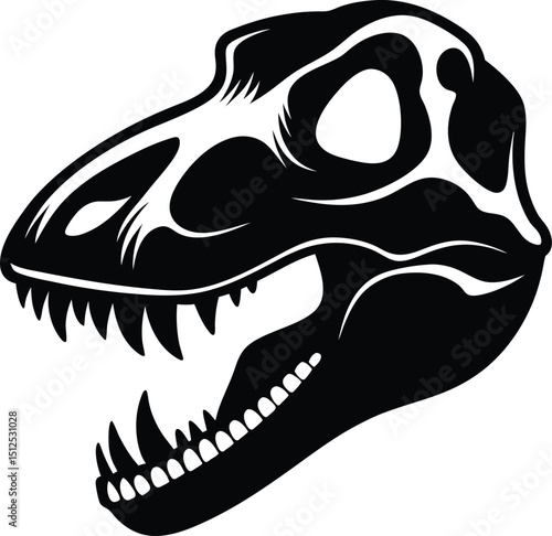 Dinosaur skull silhouette, black fossil vector, prehistoric bone icon, extinct animal graphic
